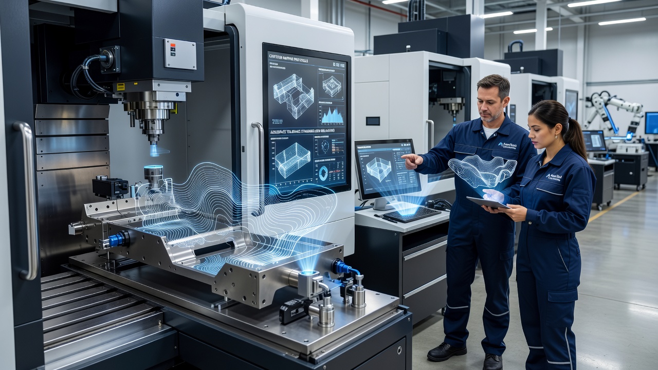 Contour mapping equipment scanning an aerospace fuselage panel in a controlled manufacturing environment