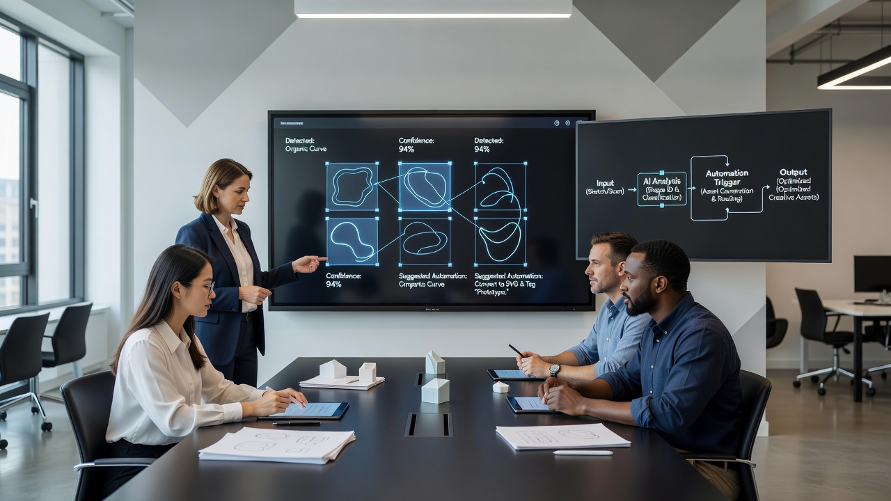 Collaborative team reviewing automated shape outputs on multiple screens
